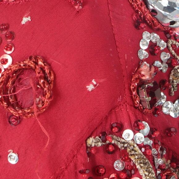✨VINTAGE Italian Embroidered and Embellished Gemstone Red Silk Evening Blouse - Picture 10 of 13